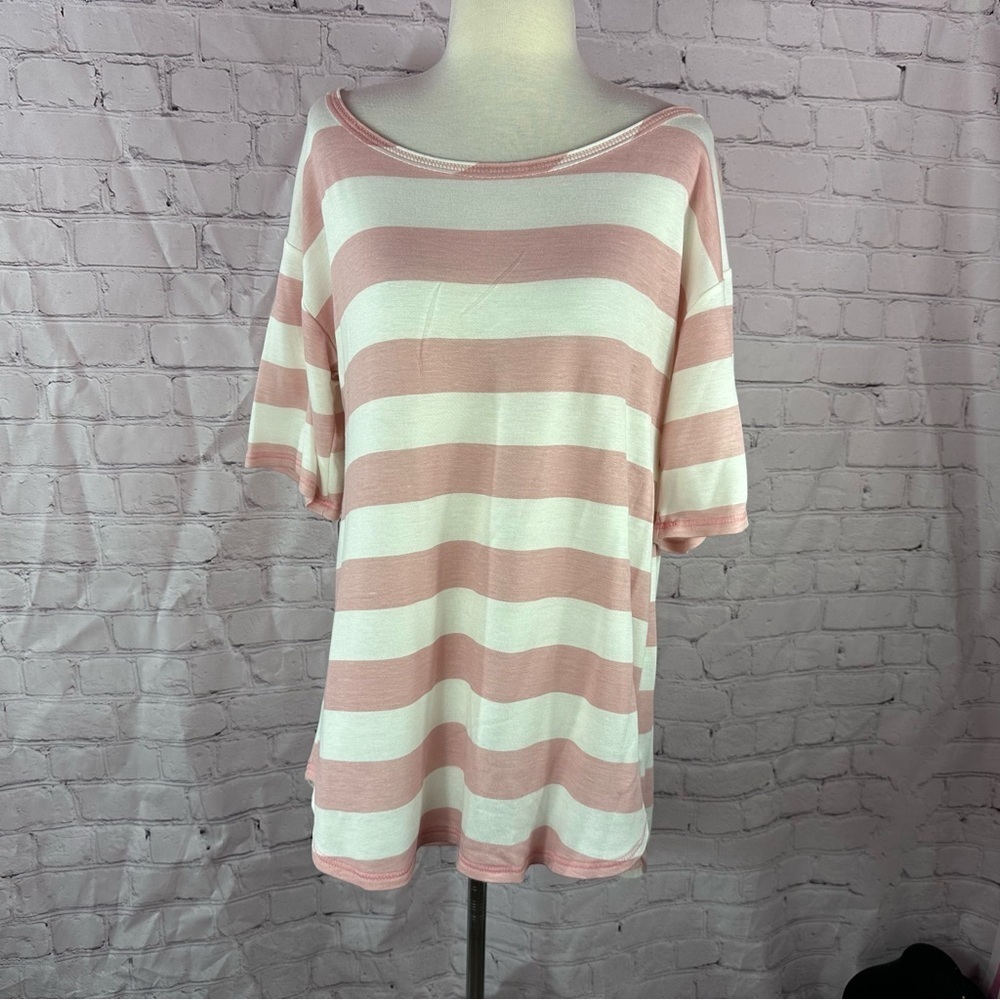 NWT My Story Blush pink White Striped over-sized boxy Short Sleeve Top tunic